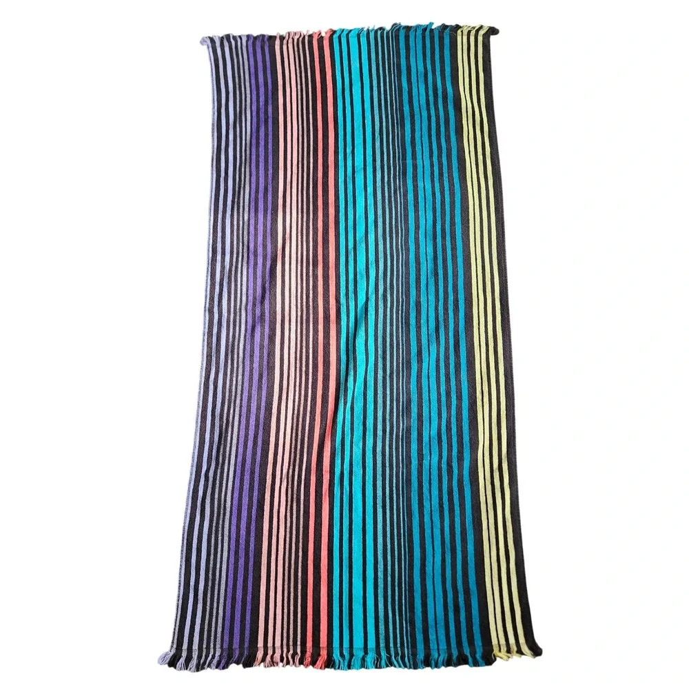 Benetton Vtg MultiColor Striped Cotton Beach Pool Towel Fringed Retro 62x30